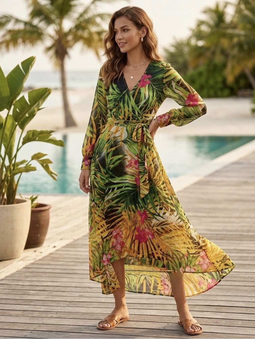 Acevog Green Tropical Floral Wrap Maxi Coverup
